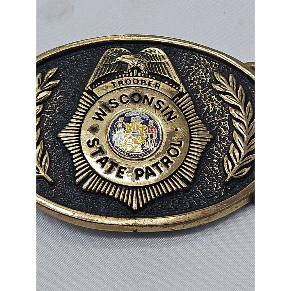Brass Wisconsin State Patrol Wsp Highway Trooper Police Vintage Belt Buckle